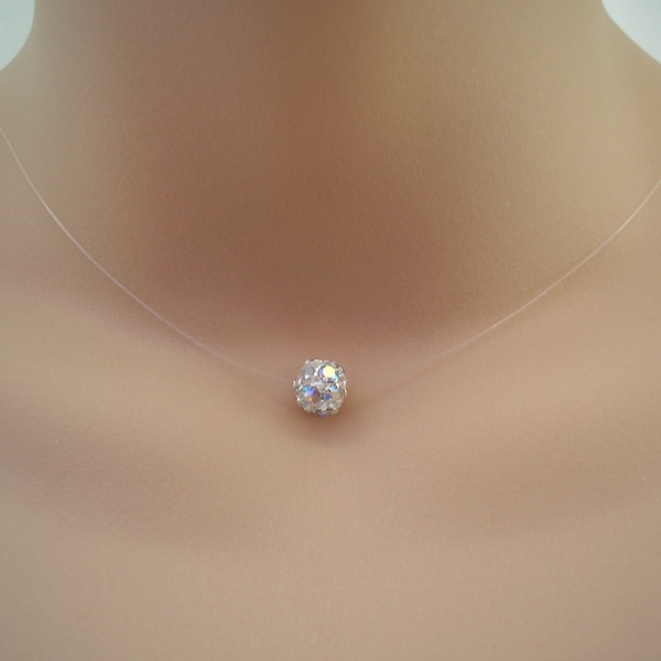 Single Pave Crystal Diamante Ball Necklace in Silver AB Silver Rose Gold or Gold, Invisible Illusion Minimalist Necklace