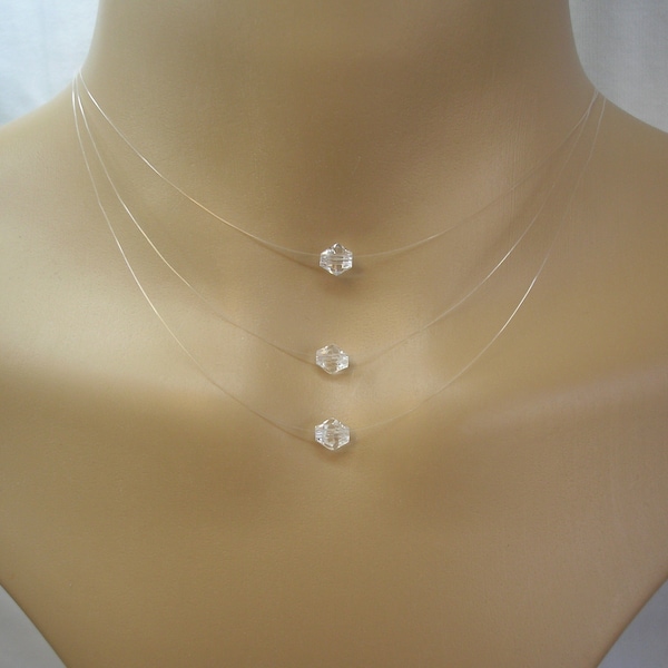 Multi strand Necklace, Multilayered Floating Illusion Crystal Necklace, Minimalist Triple Strand Imitation Diamond Necklace