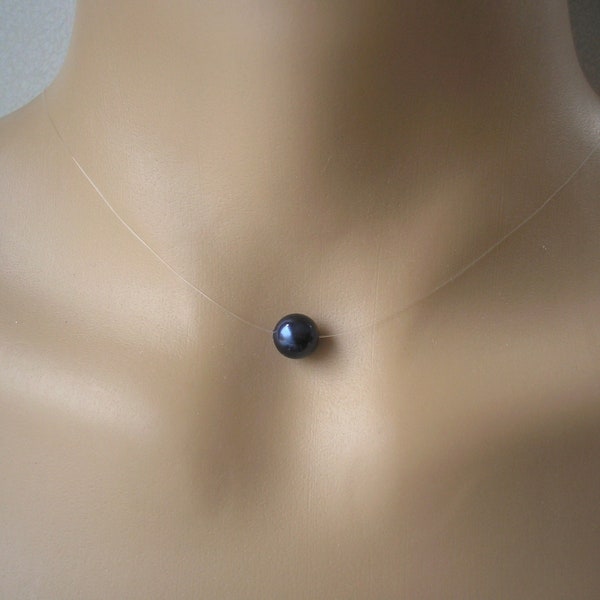 Single Navy Blue Pearl Necklace, Simple Floating Illusion Dark Blue Pearl, Minimalist Necklace for Women Lady Bride Bridesmaid Wedding Party