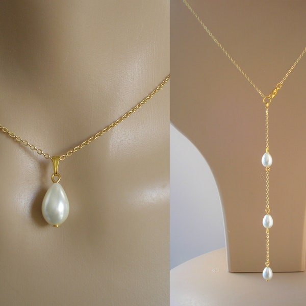 Collier de toile de fond de perles fines en forme de larme pour femme, cadeau de demoiselle d'honneur, mariage, chaîne arrière en or argenté ou en or rose
