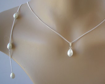 Ivory Cream Teardrop Pearl Backdrop Necklace for Women Brides Bridesmaid Gift Wedding, Pearl Back Necklace, Bridal Backdrop