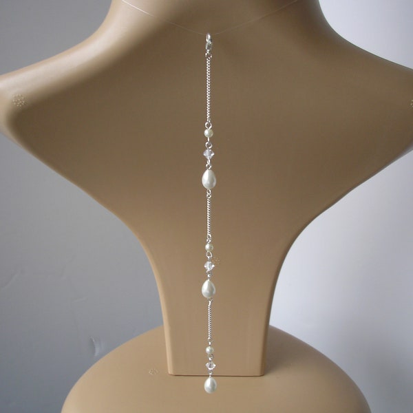Wedding Back Jewellery, Teardrop Pearl & Crystal Clip On Backdrop Attachment for a Necklace, Bridal Backdrop for Low Back or Backless Dress