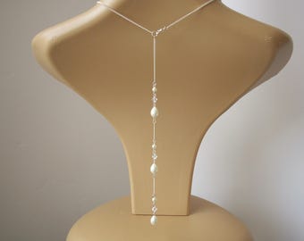 Teardrop Pearl Backdrop Necklace, Crystal Back Chain, Bridal Wedding