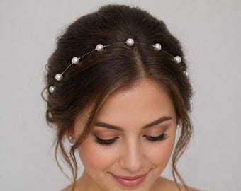 Collar de perlas flotantes de ilusión invisible, accesorio sencillo para el cabello de novia, diadema para damas de honor, perlas para novias.