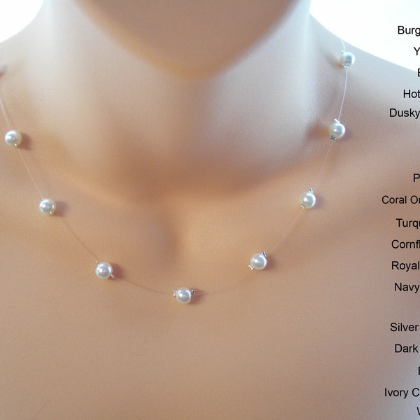 Dainty Floating Illusion Faux Pearl Necklace, Handmade to Order, Many Colours to Choose From