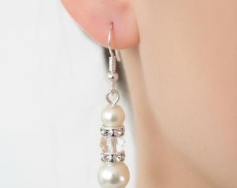 Pearl Crystal & Diamante Drop Dangle Earrings on Silver or Gold plated Stainless Steel Hooks