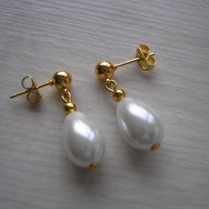 Teardrop Pearl Earrings on Silver or Gold Ball Studs