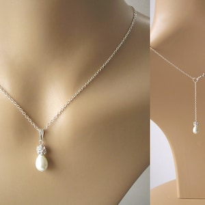 Dainty Backdrop Necklace, Teardrop Pearl and Pave Diamante Ball Necklace with a Single Drop Back Chain, Minimalist Bridal Jewelry