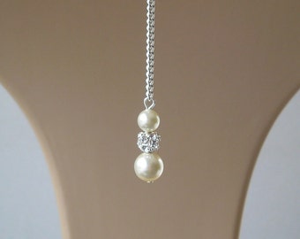 Single Strand Pearl and Pave Diamante Ball Clip-on Backdrop Attachment for a Necklace, Suit Low backed or backless dress or wedding gown