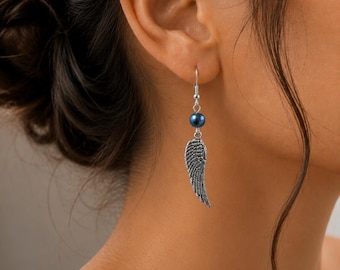 Angel Wing Earrings, Antique Silver Angels Wings & Pearl Drop Dangle Earrings For Women Girls Gift for Her Protection