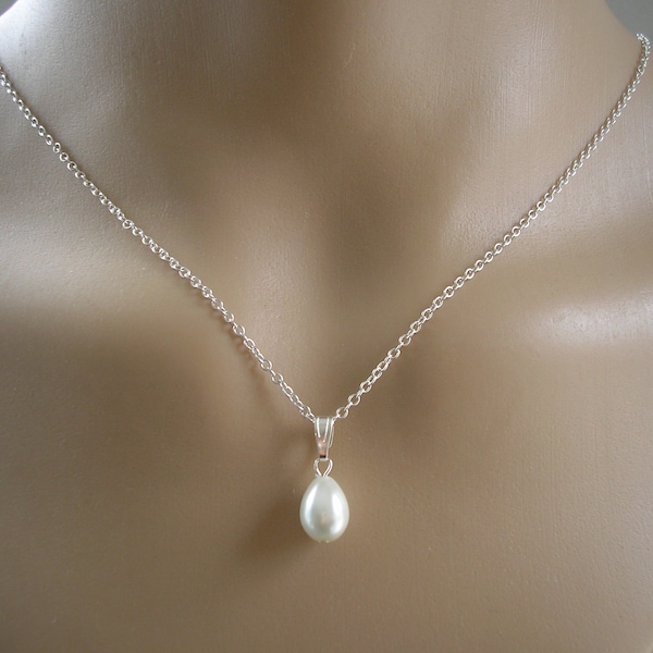 Simple Dainty Teardrop Pearl Drop Necklace for Women Girls Brides Bridesmaids Weddings Proms, Handmade to order