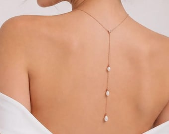 Back Necklace, Ivory or White Teardrop Pearl Backdrop Necklace, Back Necklace for a Wedding Dress, Silver Gold Rose Gold Back Drop Necklace