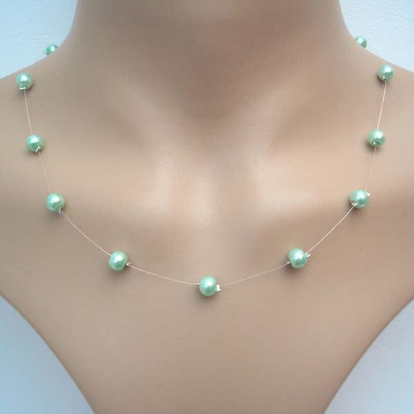 Mint Green Floating Pearl Necklace, Feminine Dainty Pearl Choker for Women Ladies Brides Bridesmaid  Wedding Prom, Pearl Floating Illusion