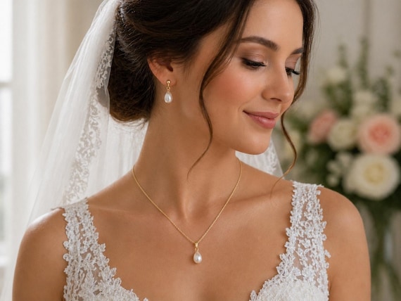 Necklace Earrings Set, Dainty Ivory Cream Teardrop Pearl Necklace and Stud Drop Dangle Earrings Jewellery Set for Women Brides Weddings Prom