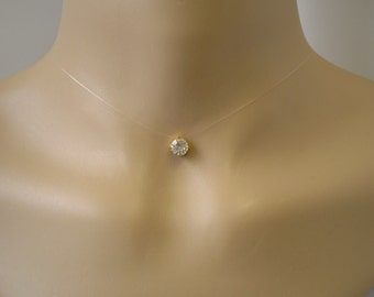 One Dainty Single Crystal Floating Illusion Invisible Necklace for Women, Understated Minimalist Crystal Necklace