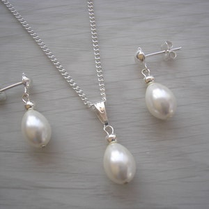 Dainty Teardrop Pearl Necklace and Drop Dangle Stud Earrings Set for Women Ladies Brides Bridesmaids Flower Girls Proms