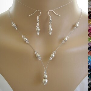 Unique Dainty Pearl Drop Necklace on Silver Wire with Matching Drop Dangle Earrings, Handmade in any colour