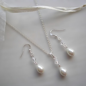 Dainty Pearl Jewelry Set, Teardrop Pearl & Austrian Crystal Drop Necklace and Dangle Earrings