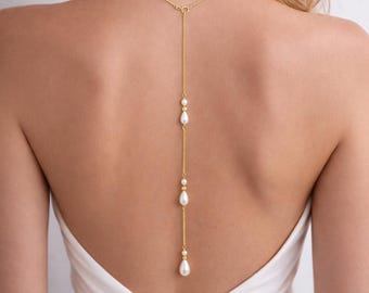 Teardrop Pearl Backdrop Necklace, Bridal Back Jewelry, Long Drop Pendant with a Back Chain for Brides