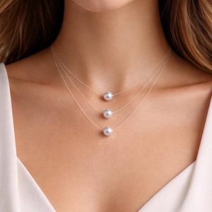 Elegant Multi Strand Pearl Necklace, Multi Layered Choker, Triple Layer Floating Invisible Illusion Minimalist Jewelry for Women Brides Gift