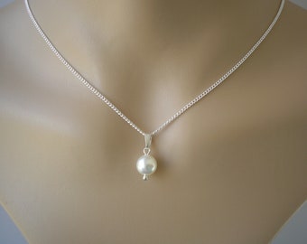 Simple Dainty Single Pearl Drop Necklace made with a top quality Austrian crystal Pearl on Fine Silver or Gold plated curb chain