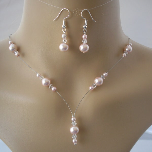 Blush Pink Pearl Necklace and Drop Dangle Earrings Jewellery Set for Brides Bridesmaids Weddings