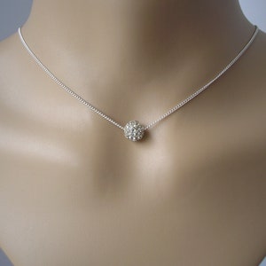 Silver Disco Ball Necklace on fine curb chain, Minimalist Pave Crystal Diamante Necklace for Women