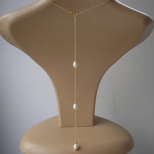 Dainty Teardrop Pearl Backdrop Necklace for Women Brides Bridesmaid Gift Wedding, Silver Gold or Rose Gold Back Chain