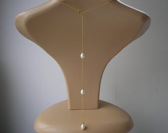 Dainty Teardrop Pearl Backdrop Necklace for Women Brides Bridesmaid Gift Wedding, Silver Gold or Rose Gold Back Chain