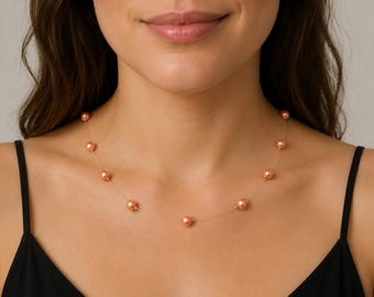 Orange Coral Peach Pearl Necklace, Floating Illusion Effect, Choose your shade, Handmade to Order
