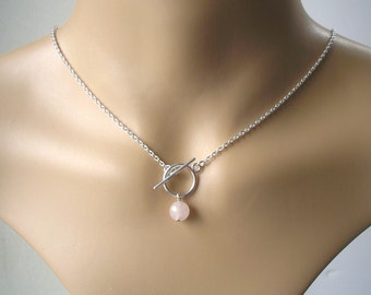 Dainty Front Fastening T-Bar Toggle Clasp Necklace with a Gemstone Drop on Silver Gold or Rose Gold plated chain