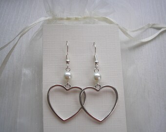 Big Heart Earrings, Large Hollow Silver Love Heart and Coloured Pearl Drop Dangle Handmade Statement Earrings for her