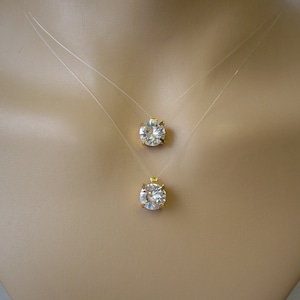 Double Layered Floating Crystal Necklace on Invisible Cord, Two Strand Minimalist Necklace in Silver Gold or Rose Gold (B3)