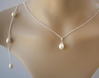 Ivory Cream Teardrop Pearl Backdrop Necklace for Women Brides Bridesmaid Gift Wedding, Pearl Back Necklace, Bridal Backdrop