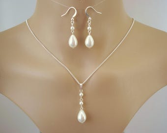 Elegant Long Drop Teardrop Pearl Necklace and Earrings Set, Personalized Gift for Her, Handmade to order on Silver or Gold Chain and Hooks