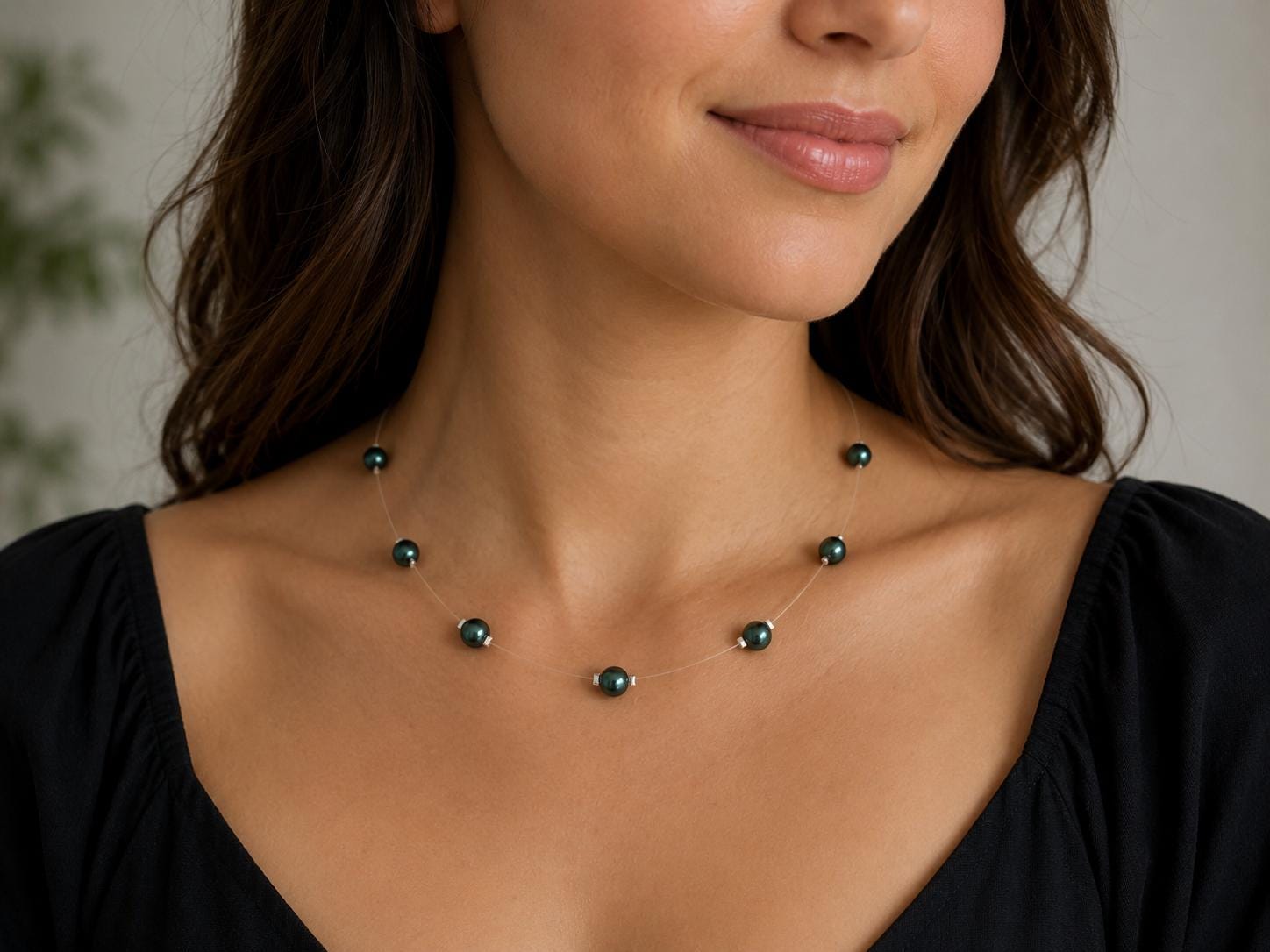 Dainty Green Pearl Floating Illusion Necklace, Handmade, Choose