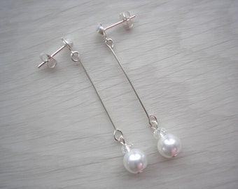 Long Drop Dangle Pearl Earrings, Handmade with Coloured Pearls & Clear Crystals For Women Ladies Brides Bridesmaids Weddings Proms Party