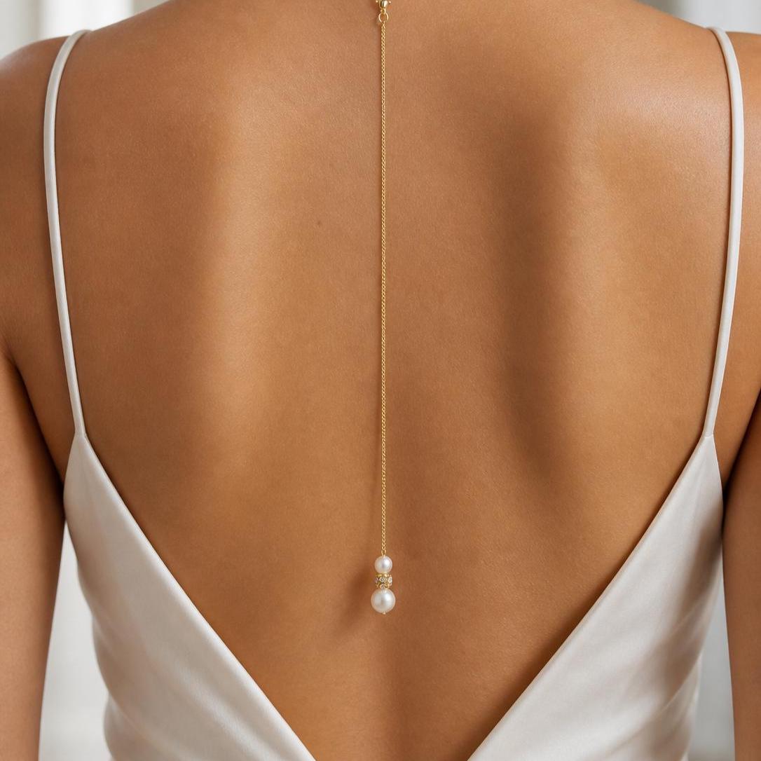 Back Drop for a necklace, Single Strand Pearl and Pave Diamante Clip-on Backdrop Attachment, Silver or Gold Back Chain for Wedding Dress