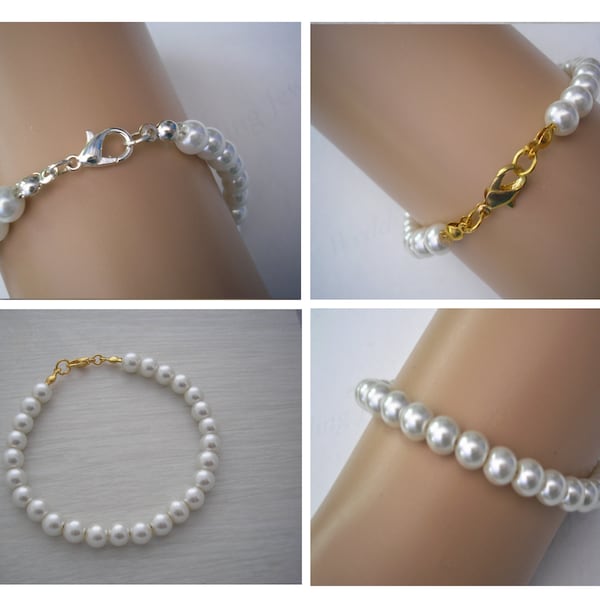 Pearl Bracelet, Classic Simple Pearl Bracelet with a Silver or Gold plated lobster clasp for Women Girls Brides Bridesmaids Weddings Prom