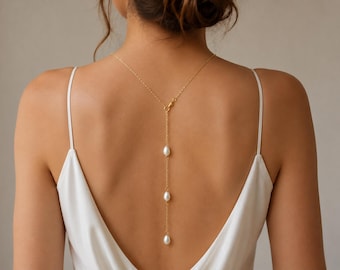 Dainty Pearl Backdrop Necklace, Bridal Back Jewellery, Pearl Back Necklace Silver Gold or Rose Gold Chain