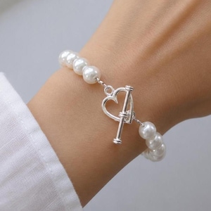 Heart Toggle Clasp Pearl Bracelet, Pearl Bracelet with a Love Heart Clasp for Women Girls Brides Bridesmaids Weddings, Handmade to Order