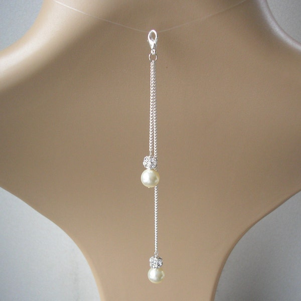 Clip-on Backdrop Attachment for a Necklace, Dainty Double Strand Pearl and Pave Diamante Back Necklace for a Backless or Low Backed Dress