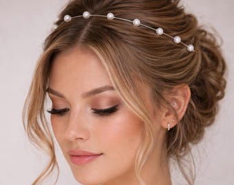 Strand of Invisible Illusion Floating Pearls Hair Jewelry, Simple Bridal Hair Accessory, Bridesmaid Headband, Womens Girls Pearls in Hair