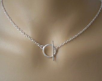 Circle Bar Necklace, Dainty Front Fastening Toggle Clasp Necklace, T-Bar closure on Silver Gold or Rose Gold plated chain