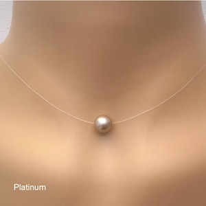 Single Gold Pearl Necklace, Simple Floating Illusion Minimalist for Women, Bronze, Vintage, Platinum, Almond, Light Bright Gold, Rose Gold