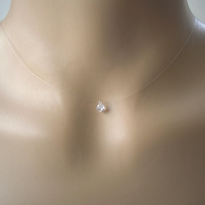 Tiny Crystal Dot Necklace, 4mm Cubic Zirconia Floating Illusion Crystal Necklace, Minimalist Crystal on Invisible Cord choker style necklace