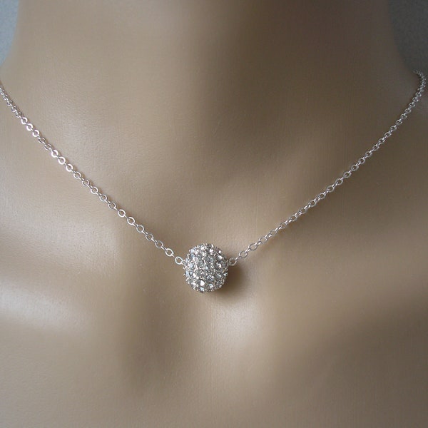 Disco Ball Necklace, Single Pave Crystal Diamante Ball on fine silver gold or rose gold plated chain, Handmade to your chosen length