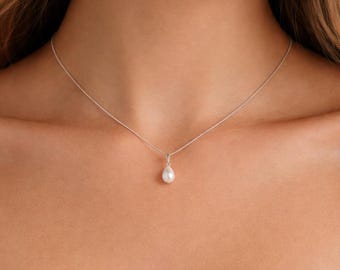 Simple Dainty Teardrop Pearl Pendant Necklace on fine Silver or Gold plated curb chain for Women Girls Brides Bridesmaid Gift Weddings Party
