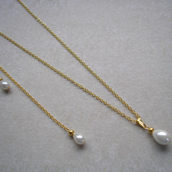 Very Dainty Bridal Back Necklace, Ivory or White Teardrop Pearl Backdrop Necklace for Women Brides Bridesmaids Wedding