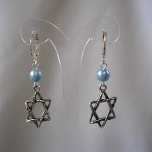 Silver Star of David Earrings, Jewish Star Earrings, Choose Pearl Colour and Hooks Hoops Studs or Clip on fitting